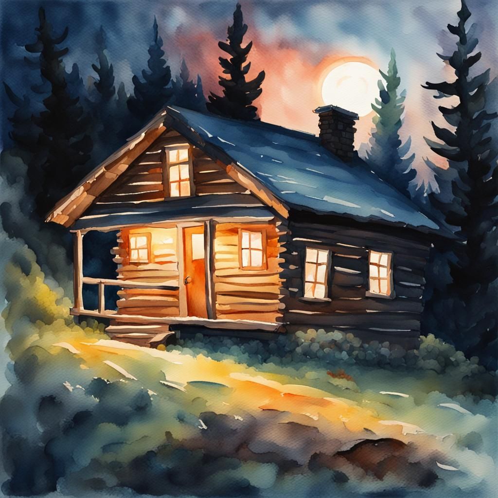 Loose, sketchy watercolor of a view of a cozy cabin at night with a ...