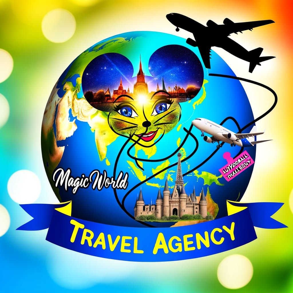 I need a striking image with vibrant colors for a travel agency logo. The design should feature a globe, which includes a small sketch of Mi...