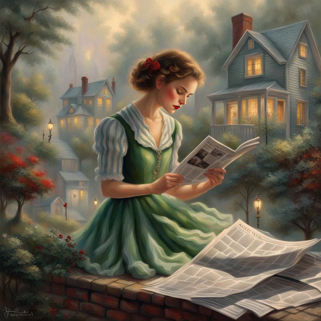 Girl  with newspaper. Red lipstick.