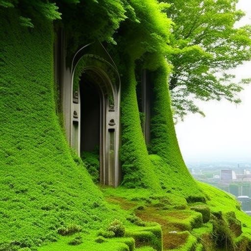 Overgrown city covered in vines and moss