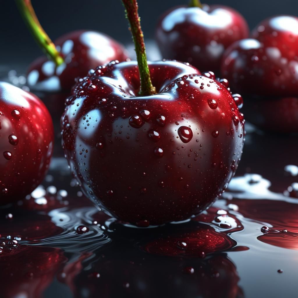 Glossy dark red cherry, closeup shot, sharp focus, detailed texture, vibrant colors, soft lighting, subtle ...  by @crazy_old_man