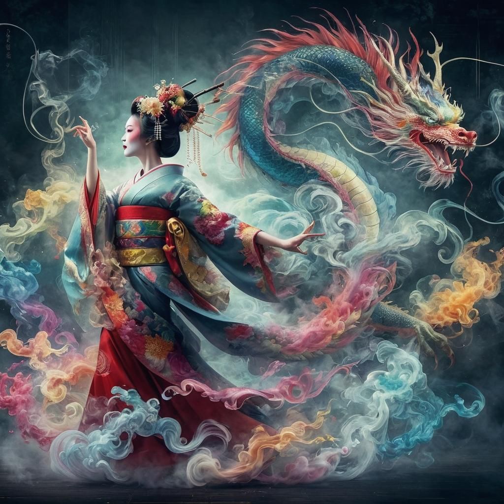 geisha with colourful smokey dragon