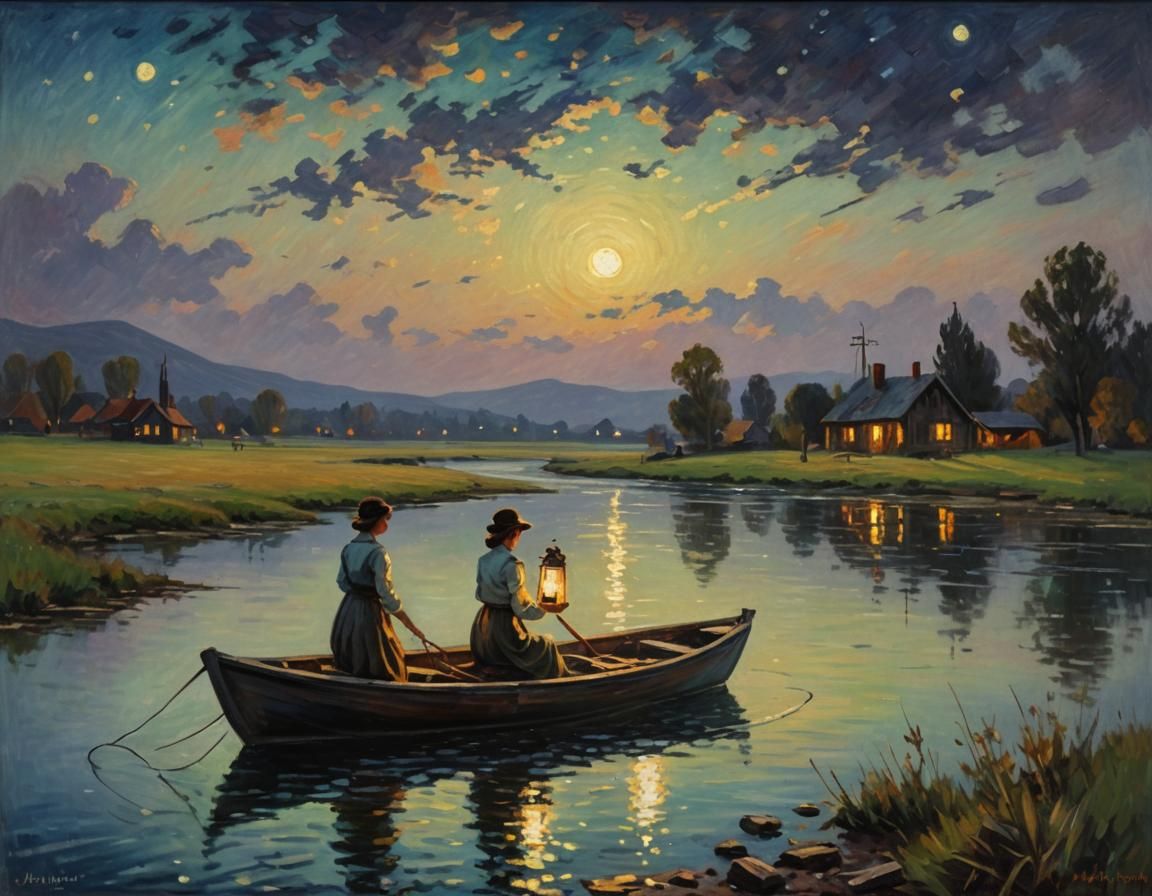 Woman in Boat with Lantern: Impressionistic Night Meadow