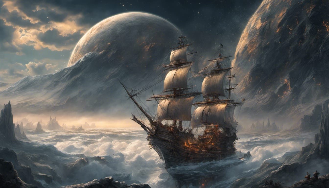 a Japanese illustration of a dragon illuminated by a giant, glowing full moon, surrounded by a vast expanse ...  by @Kindly Offer