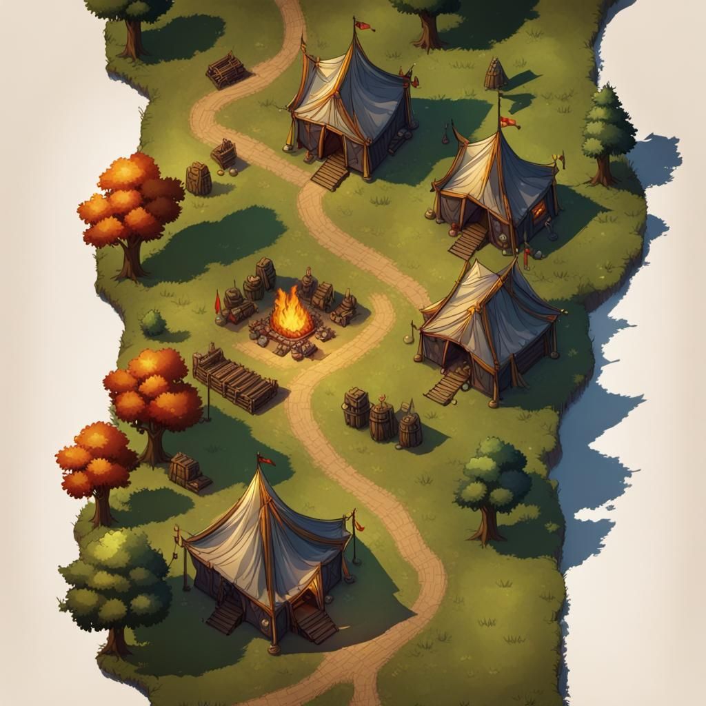 aerial view, battle map, medieval RPG art, road, caravan cam...