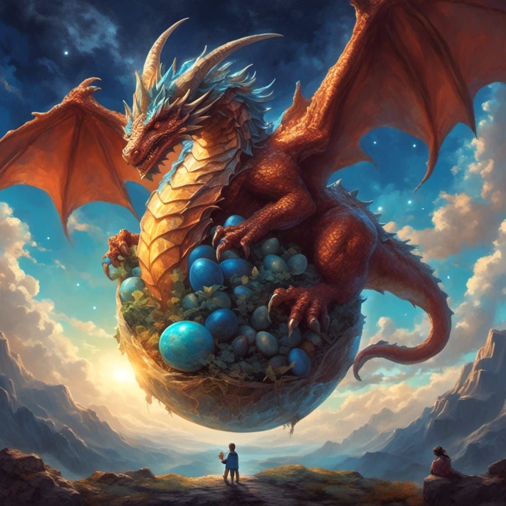  <lora:Level:1.0> Adorable giant dragon head up high to the moon,  cuddling his egg