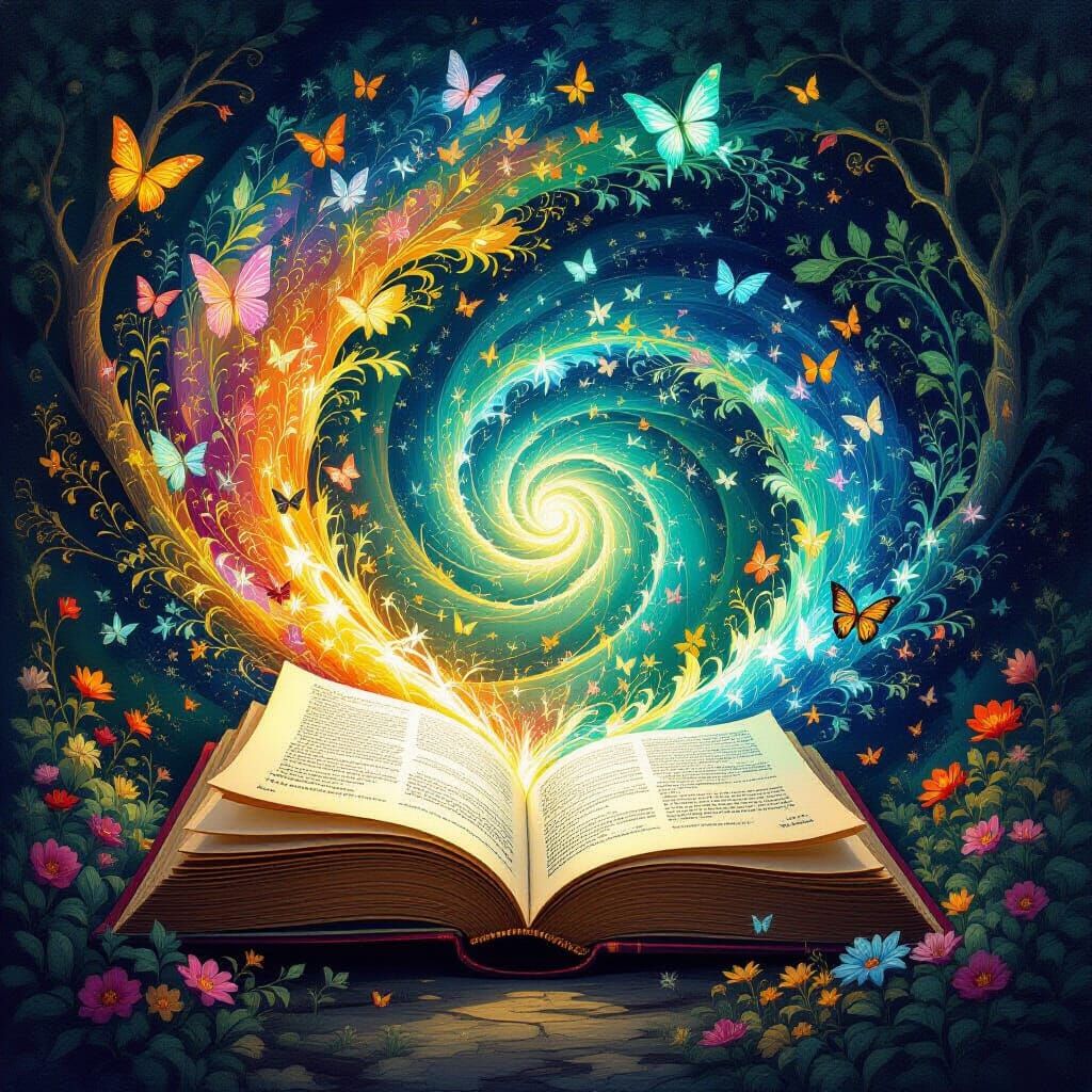 Antique Book Opens to Fantastical Vortex of Creatures and Fl...