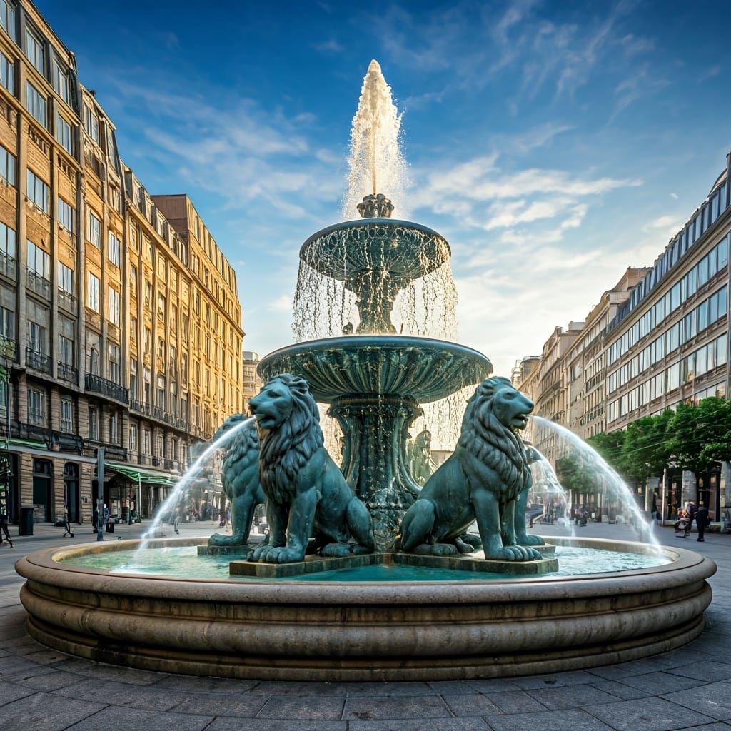 Majestic Lioness Fountain in City Square