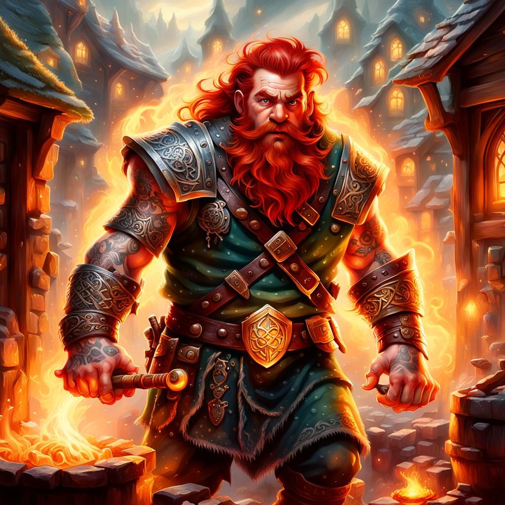 Rugged, Scarred, and Tattooed Male Dwarf with Vibrant Red Hair and Beard.  Working in his Forge. ethereal fantasy hyperdetailed mist Thomas...