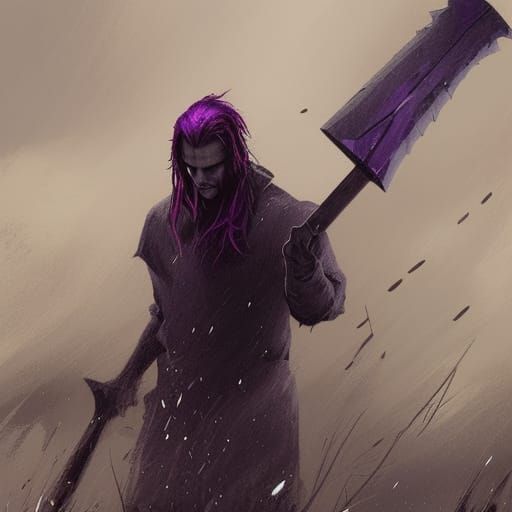 The Dark King swinging a purple axe in a muddy field during ...