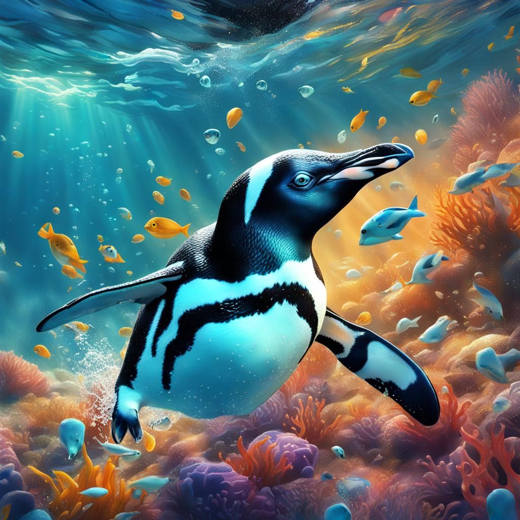 penguin swimming under sea Hyperrealistic, splash art, conce...