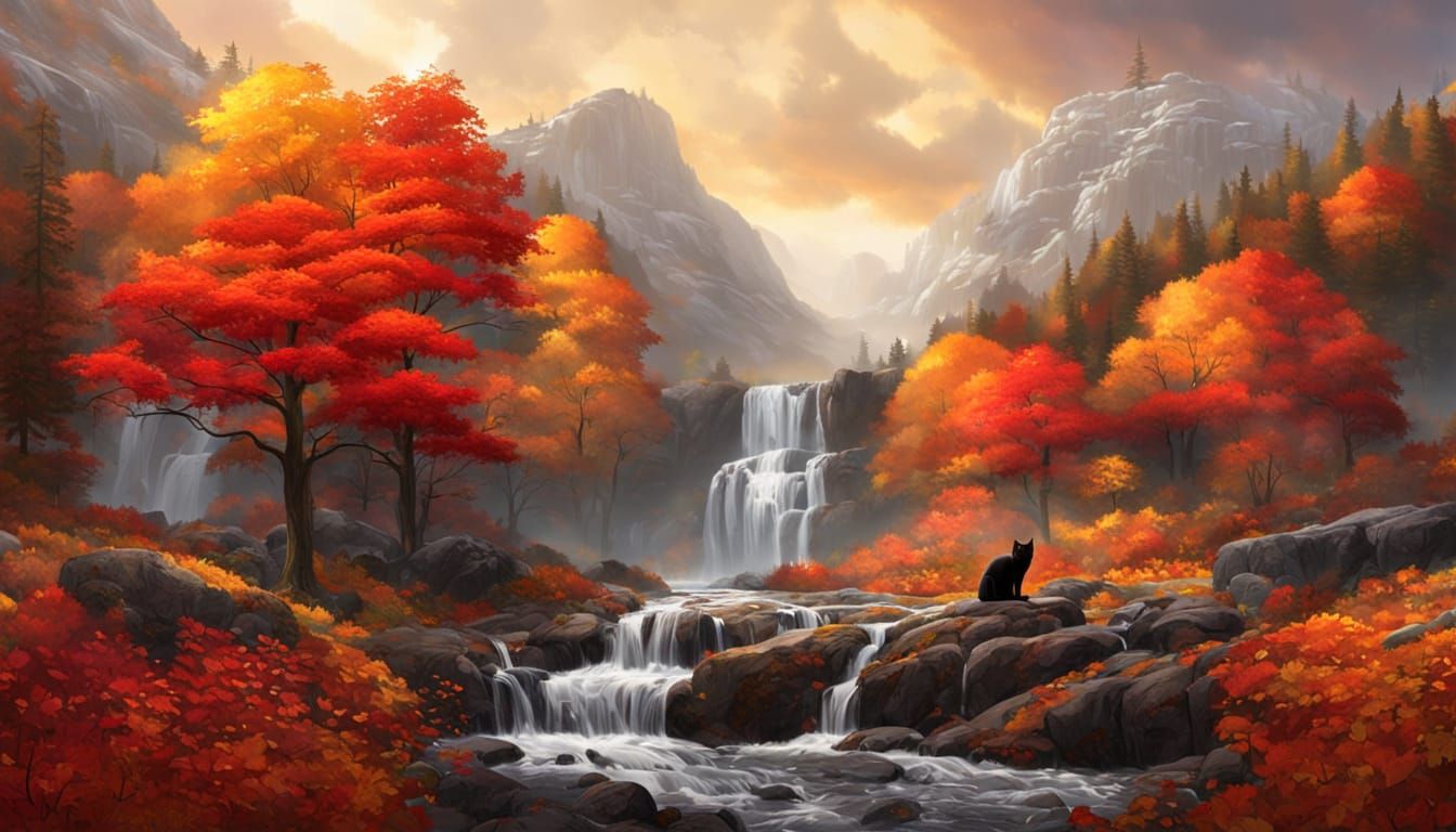 add more water in the river and waterfall and  change the color of the river and waterfall in more blue and emerald.