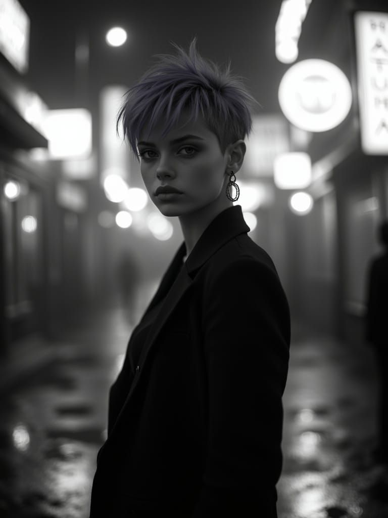 <lora:Double BlackWhite v1:1.0> A black and white photorealistic portrait of a young woman with short, choppy lavender hair, wearing a decon...