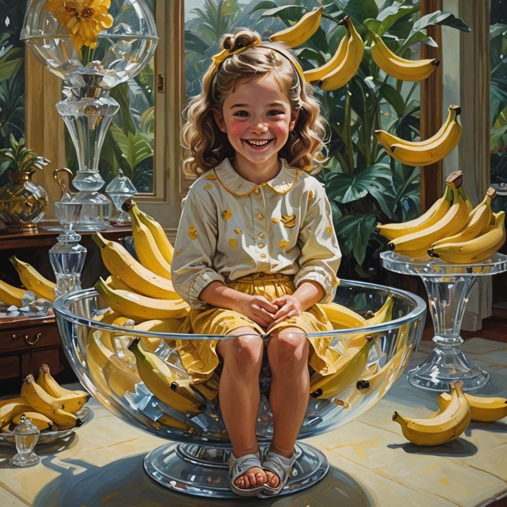 The cutest banana girl sitting in the crystal bowl smiling a...