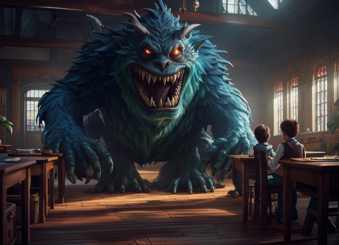a scared monster, trying to scare the teacher in the classroom, detailed matte painting, deep color, ...  by @Chloe