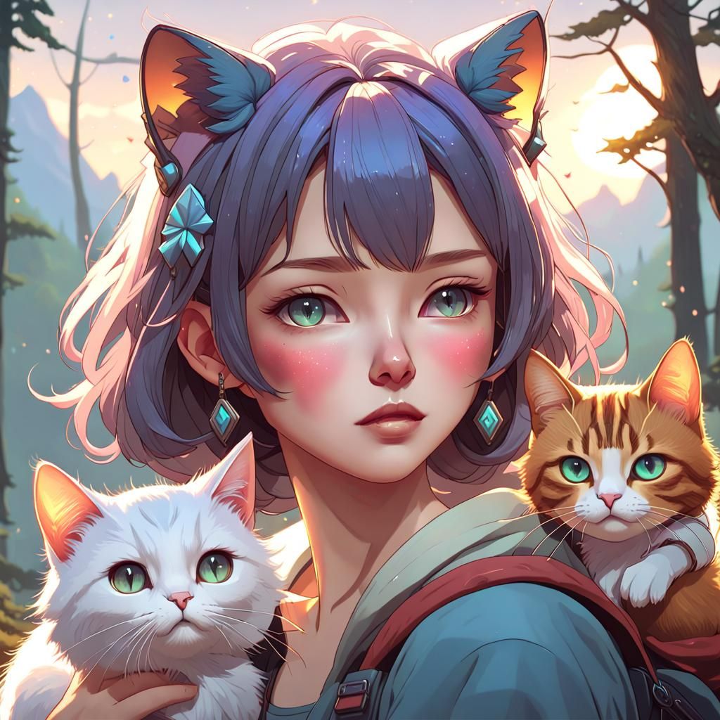 Cat-girl with cats