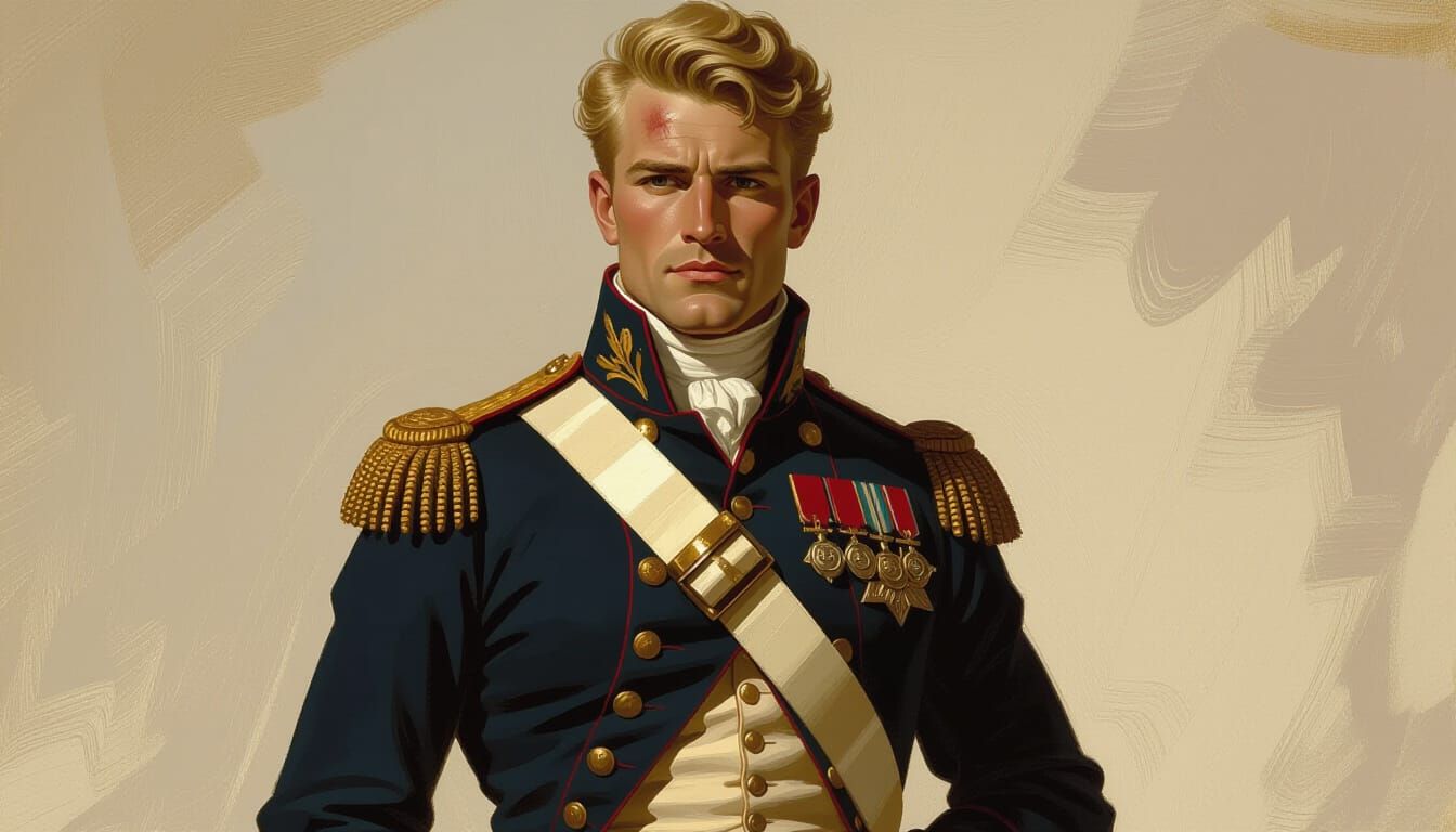 A renaissance picture in the style of Michelangelo
A handsome british infantry lieutenant from 1815. He is blonde, suntanned, and has a scar...