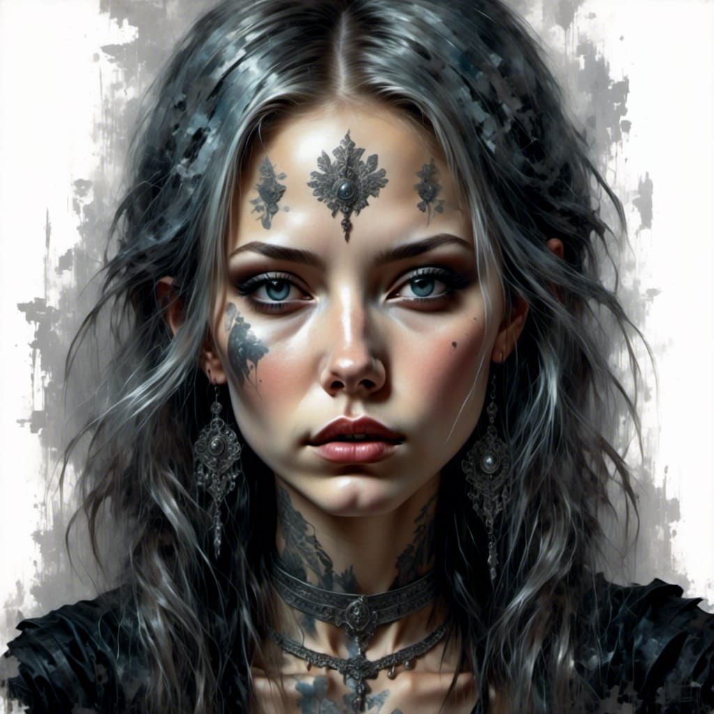 <lora:Grunge-Poster:1.0> <lora:Beautiful Visions:1.0> <lora:Moody silver:1.0> Goth woman fairy, detailed elaborate face, gothic, painting, m...