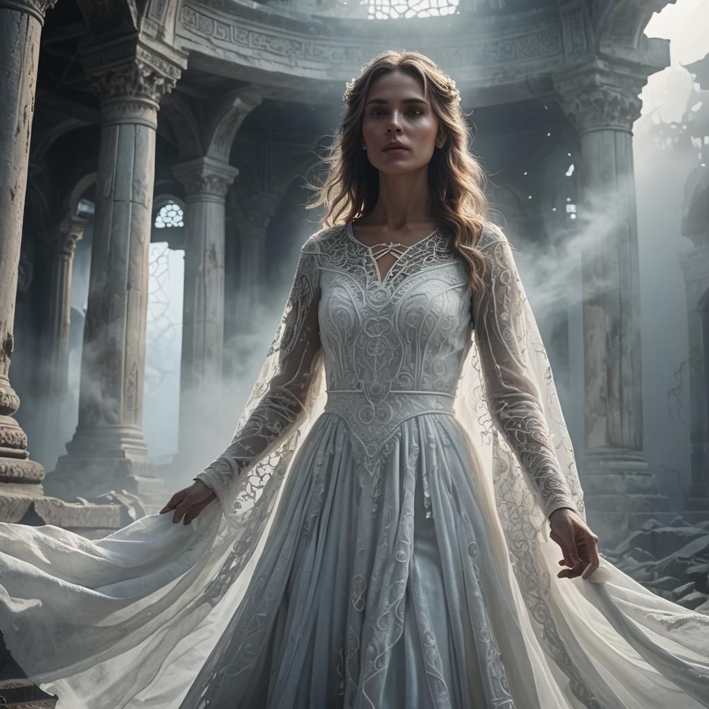 Ethereal Ghost Woman in Abandoned Temple