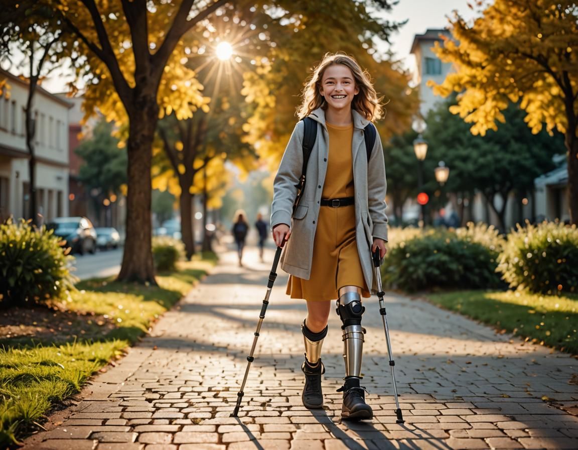 A smiling happy crippled girl on crutch