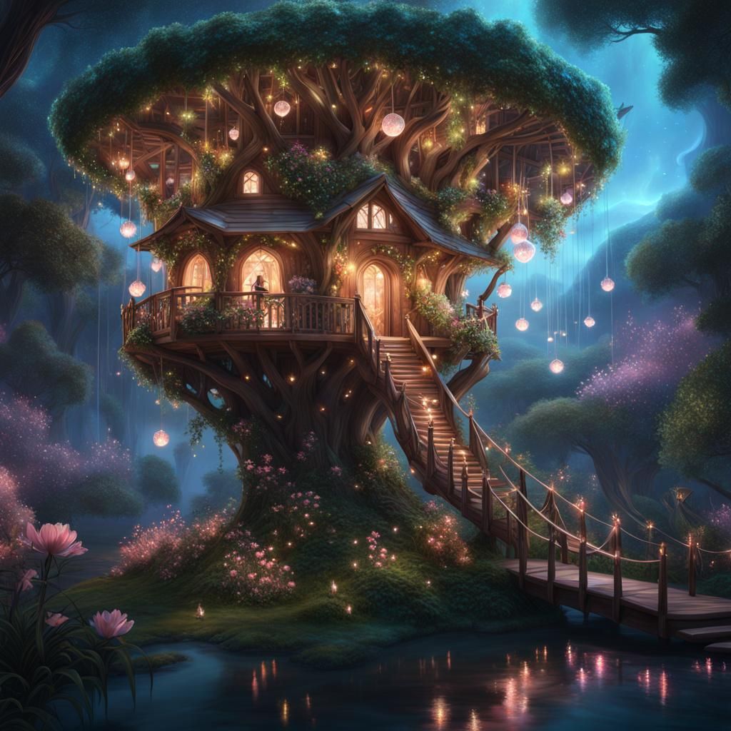 Cinematic epic detailed digital illustration of a floral elf treehouse ...