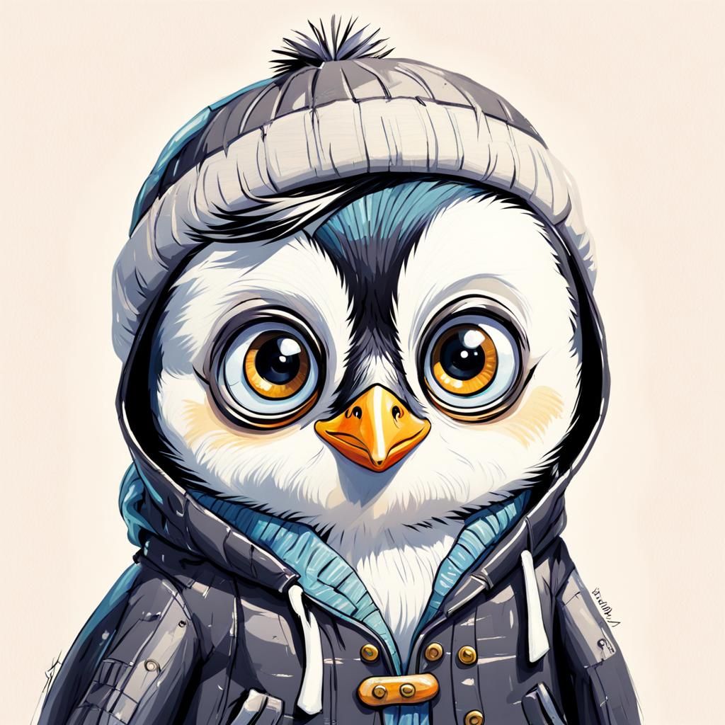 cute pinguin with big eyes in the clothes sketch cartoon - AI Generated ...