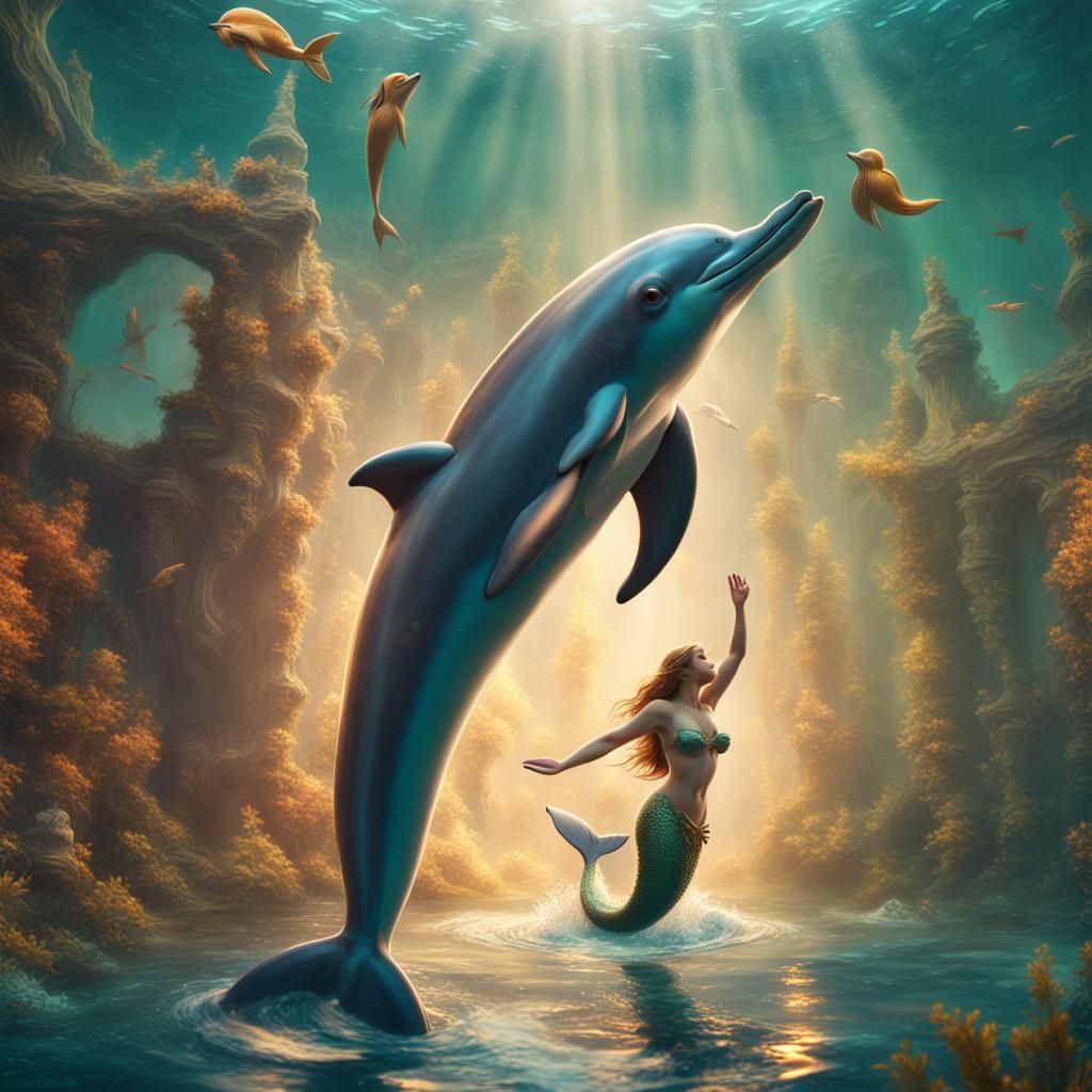 Dolphin swimming with mermaid - AI Generated Artwork - NightCafe Creator