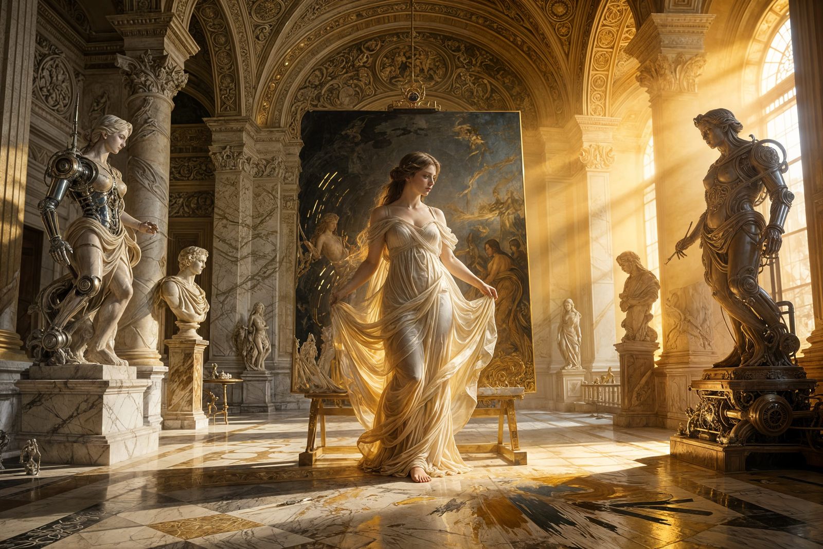Bathed in golden light, the living muse steps from the canvas, bridging classical marble and clockwork steel in a single breath.  by @Tarzan
