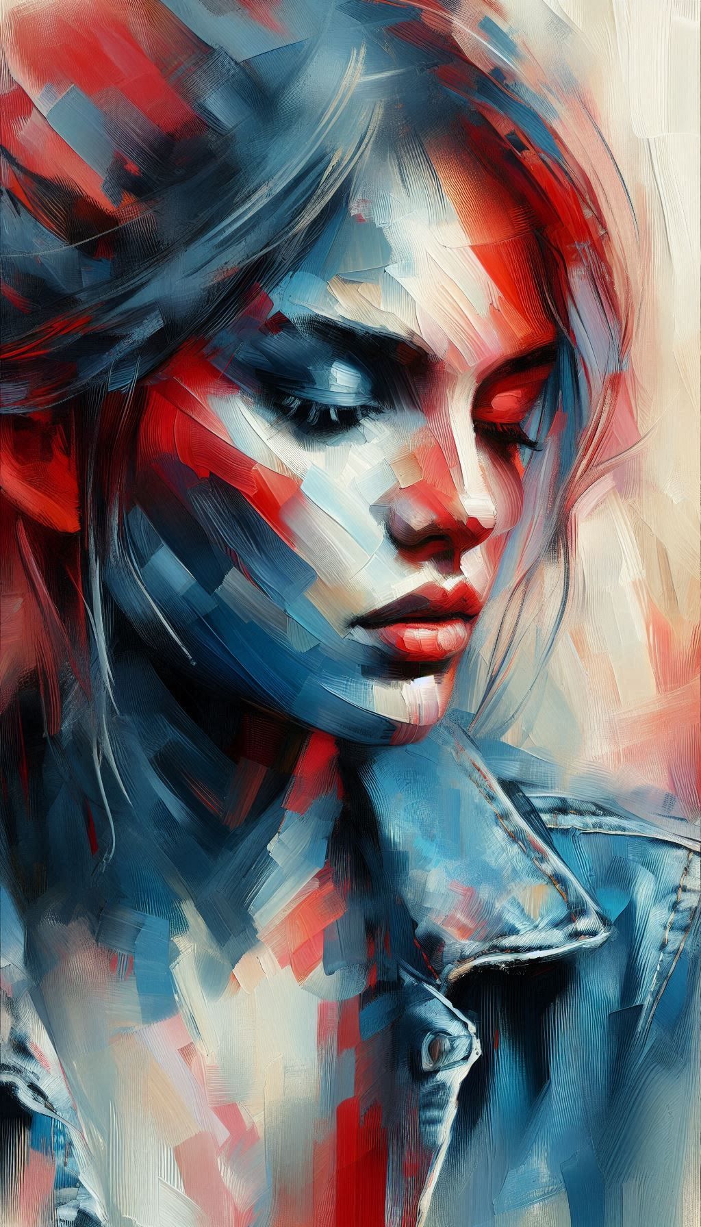 Abstract female face, delicate features, worn denim jacket, rough wide brushstrokes in bold red and blue