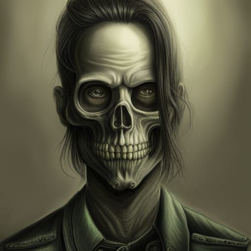 Skull with undercut and  long black hair, glowing green eyes...