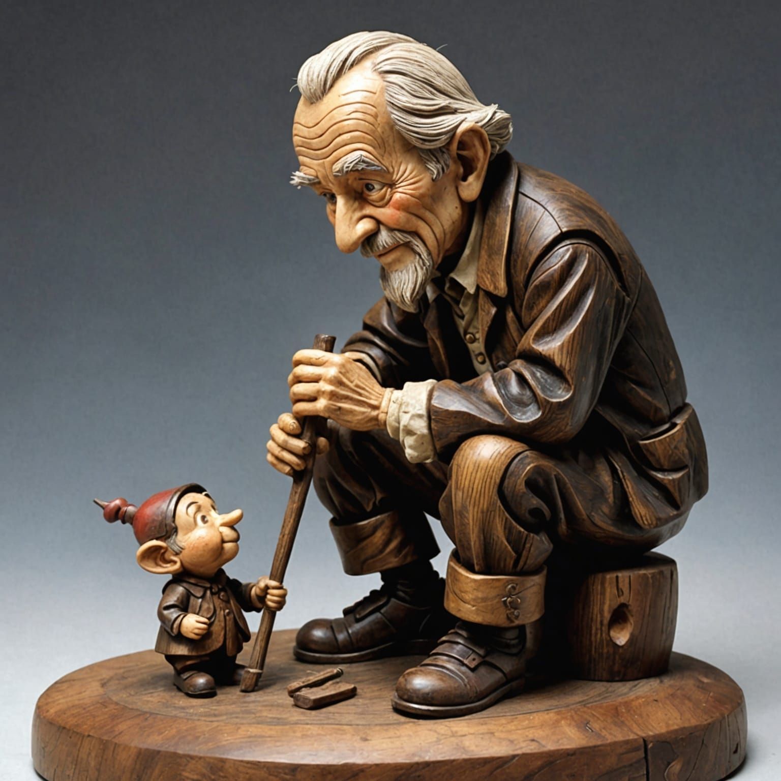 A stunning Japanese woodturning sculpture of Geppetto carving Pinocchio, crafted from unpolished dark ...  by @Paddy OBrien