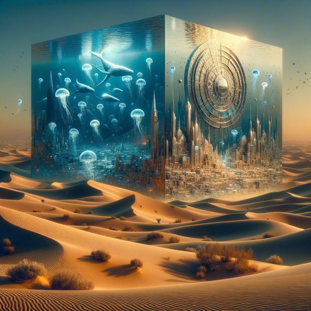A desert landscape with a towering mirrored monolith, but instead of reflecting sand castles, it reflects an underwater city with glowing je...