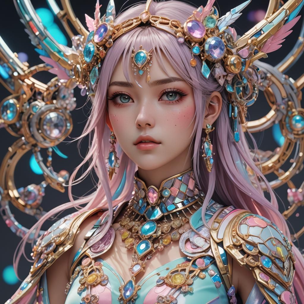 복잡하게 디테일한 파스텔 컬러풀한 옷과 미래 지향적인 보석을 입은 아름다운 애니메이션 여성의 초현실적인 초상...