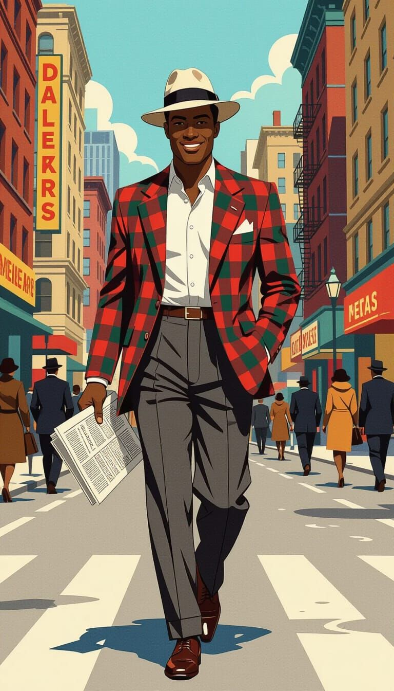 A crispy clean digital illustrated imagine a black man in a plaid sport coat, crisp white shirt, and ...  by @Chuma Sam