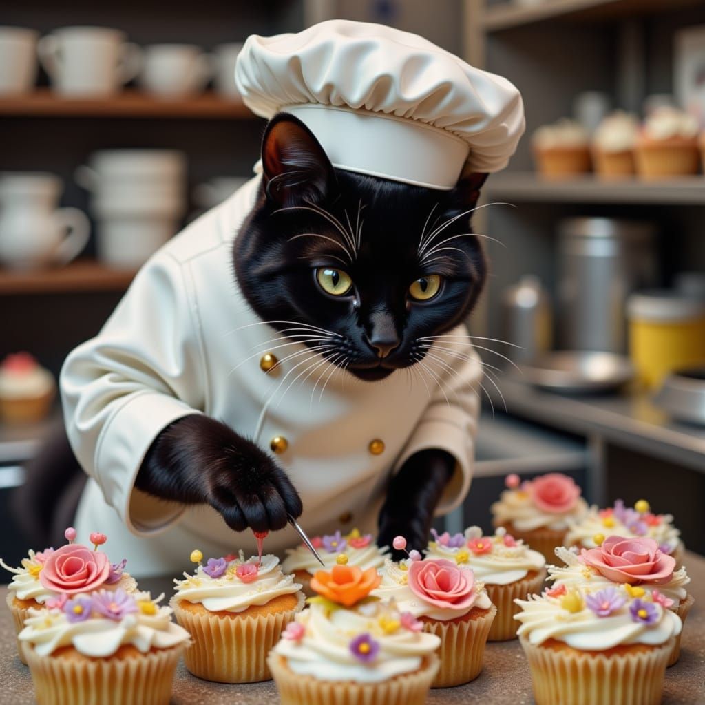 <lora:UltraPolish V1:1.0>a photorealistic fat black cat pastry chef is carefully placing tiny fondant flowers with tweezers in his paw onto ...