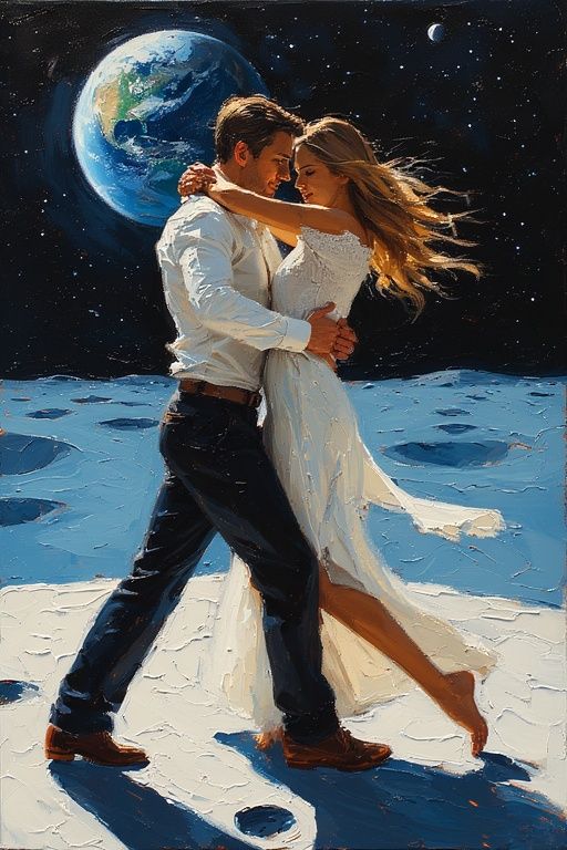 An illustrative painting of a man and woman tango dancing on...
