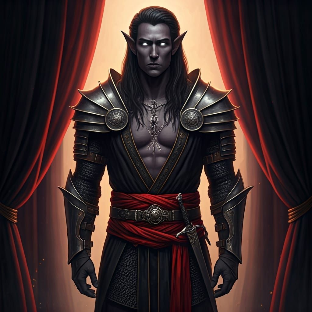Dark elven male guardian in tight-fitting spider silk mail armor with open chest plate showing arcane tattoos, black and red silk sashes aro...