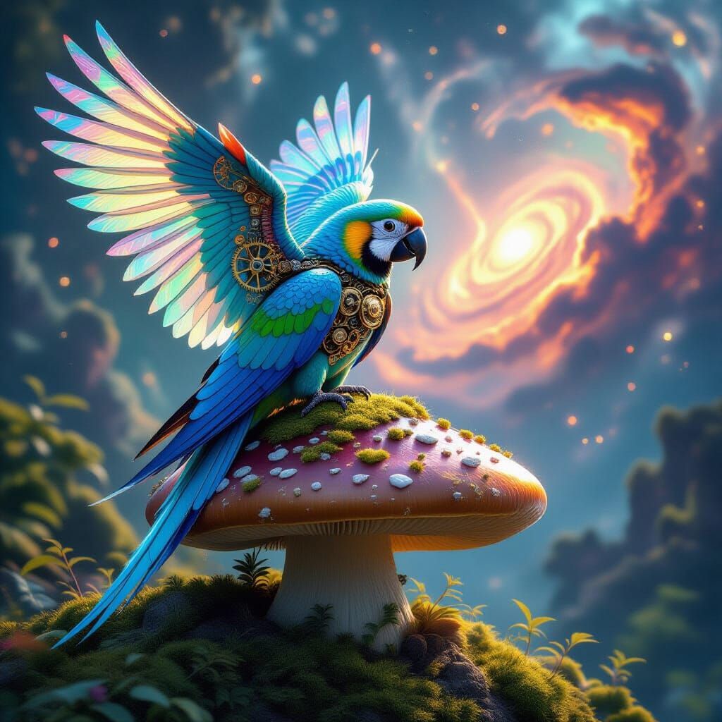 Surrealism. A majestic parrot with iridescent, clockwork wings perched on a giant, moss-covered mushroom, overlooking a swirling nebula. Int...