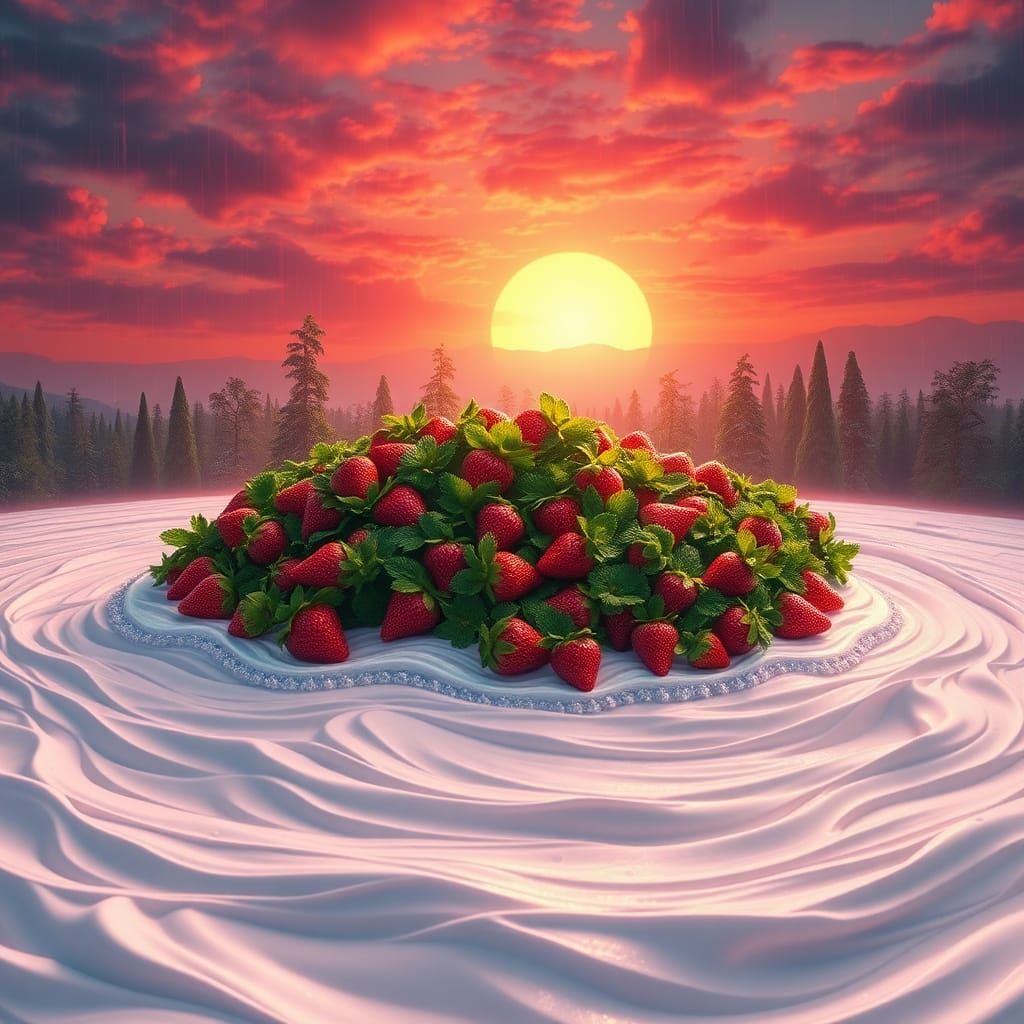 Strawberry Island in Whipped Cream Ocean: Surreal Landscape