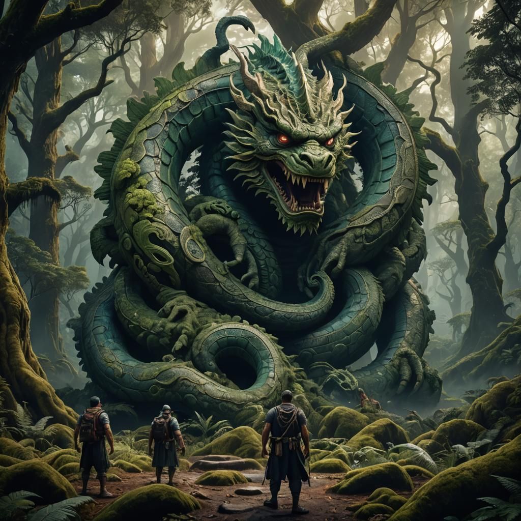 big taniwha in a forest with 5 men with no eyes