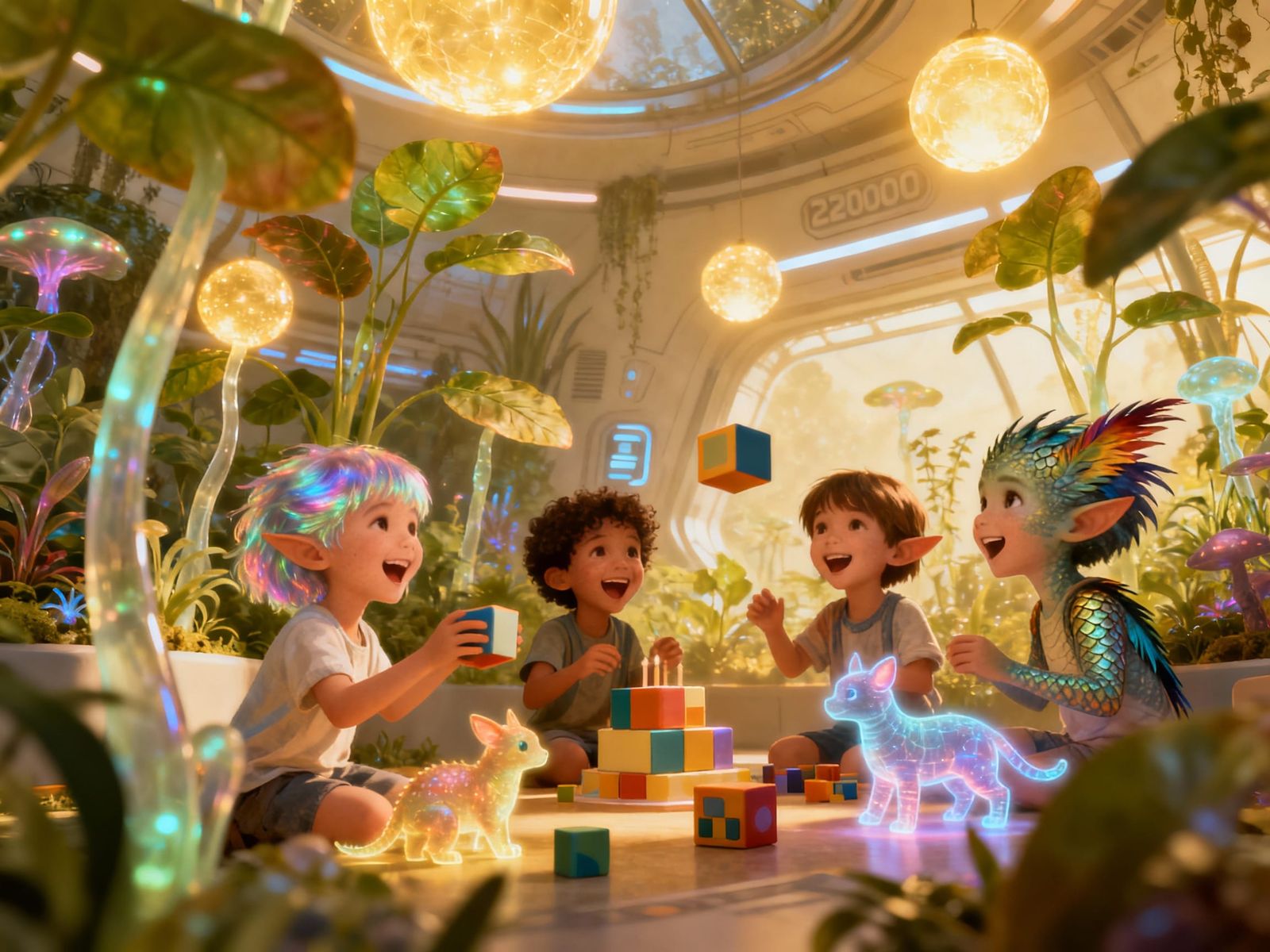 A child's birthday party in a lush, indoor biodome on a generation ship in the year 2200.  by @Lorendiac H