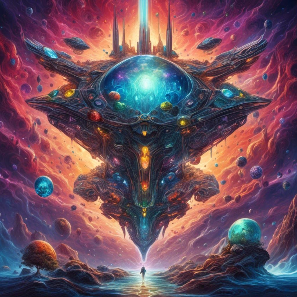<lora:Trio:1.0> create a Sci-Fi space starship, energy being, made of colourful gems, full of spirit, ...  by @martkno