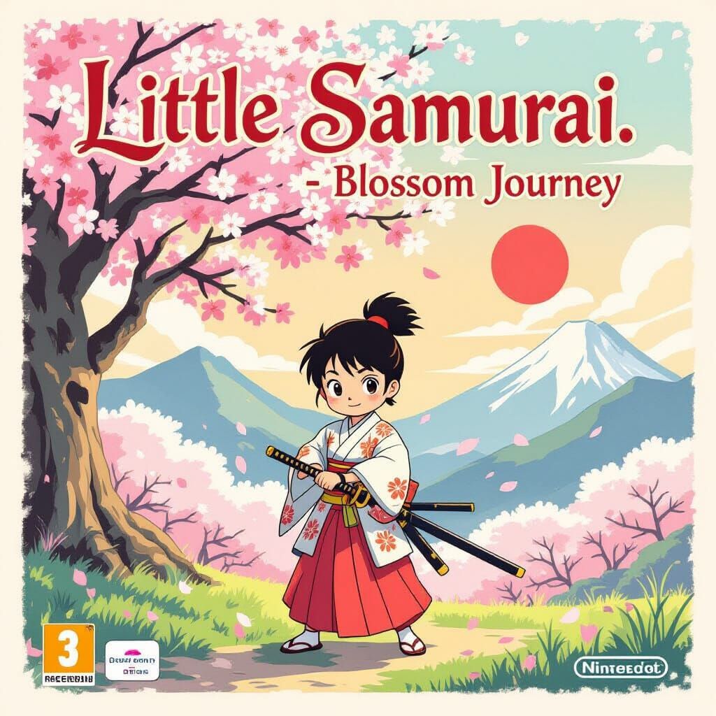 Anime-style video game cover for "LITTLE SAMURAI: Blossom Journey". A young samurai child in traditional ...  by @ZAREK