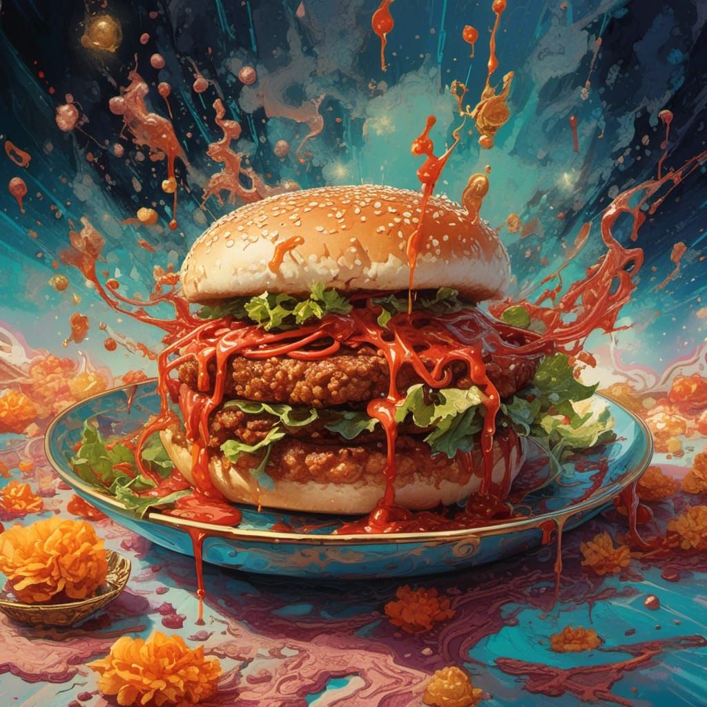 <lora:FoodGloriousFood:1.0> Epic healthy hamburger with the lot, stacked high and dripping with sauce, celestial energy and light, line art...