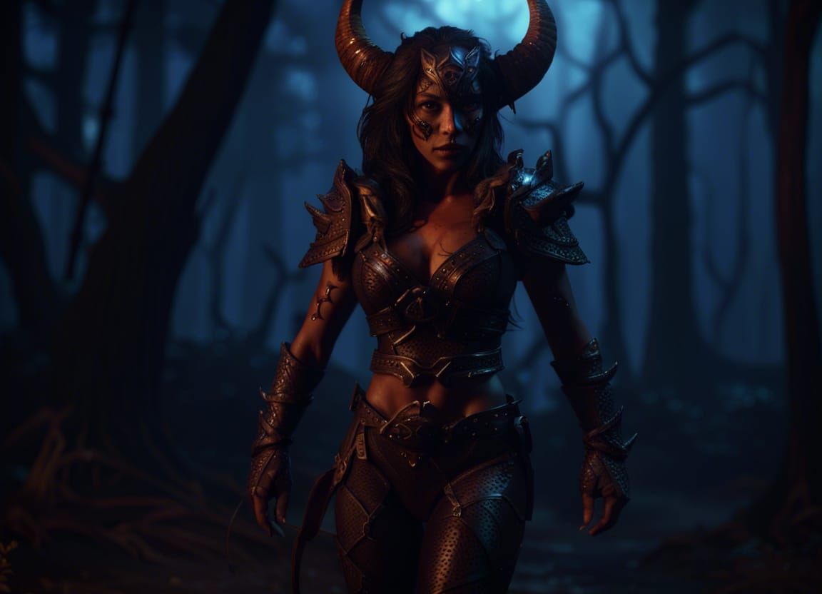 Female Tiefling Barbarian wearing leather body suit, walking...