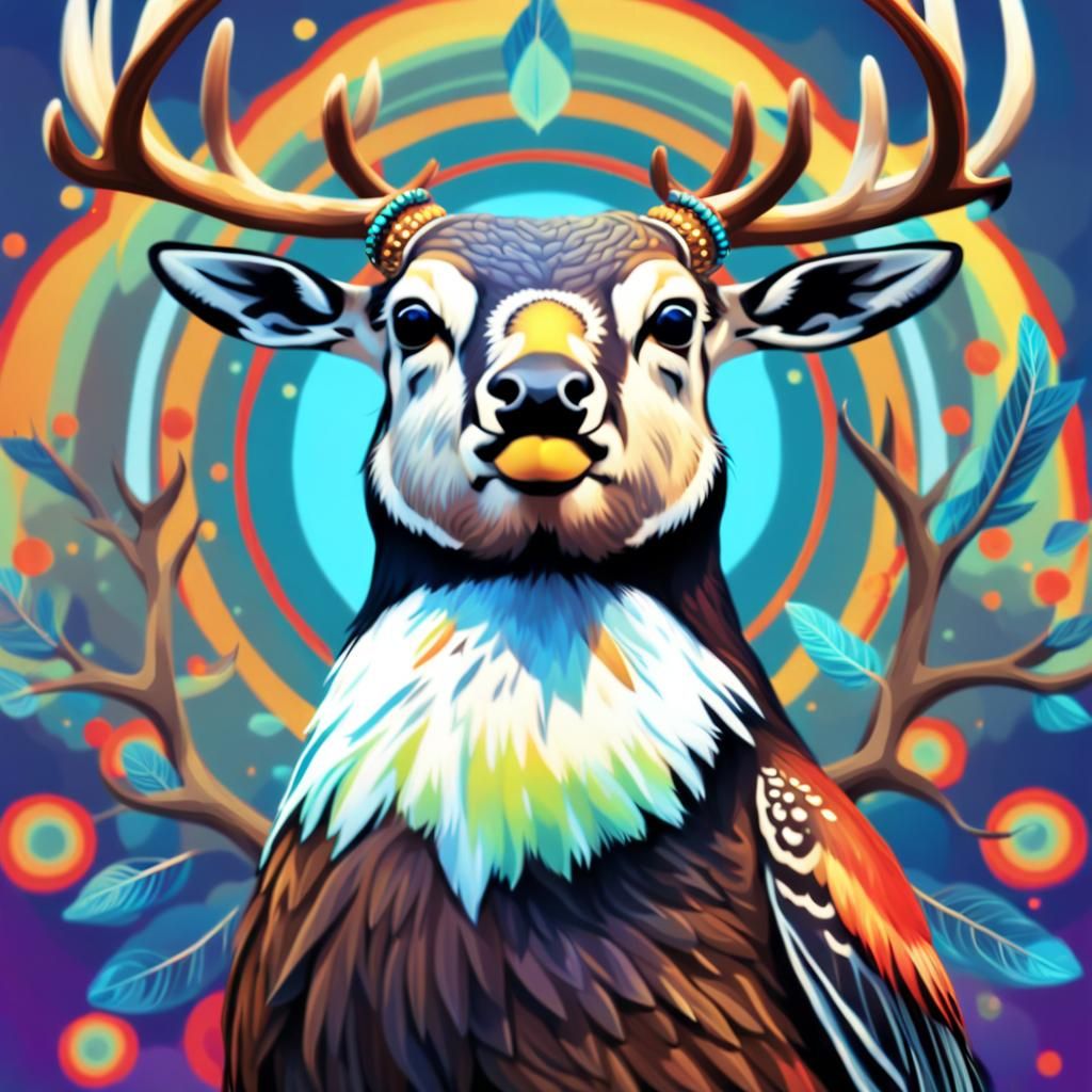Christmas Psychedelic puffin bird with deer antlers on their head 