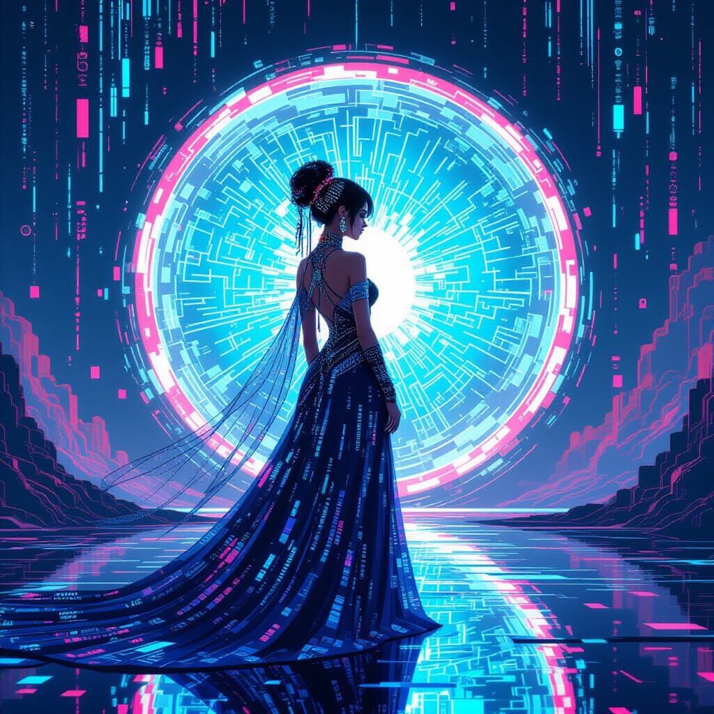 A digital oracle with a flowing gown of binary code stands before a shimmering portal, their eyes radiating an otherworldly glow. The backgr...