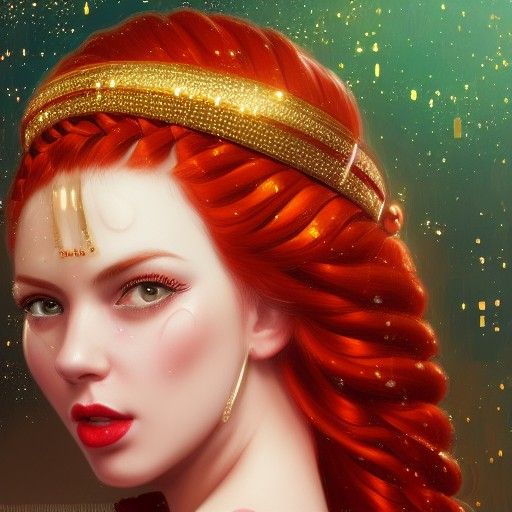 woman with pale skin and thick red hair with lots of elabora...
