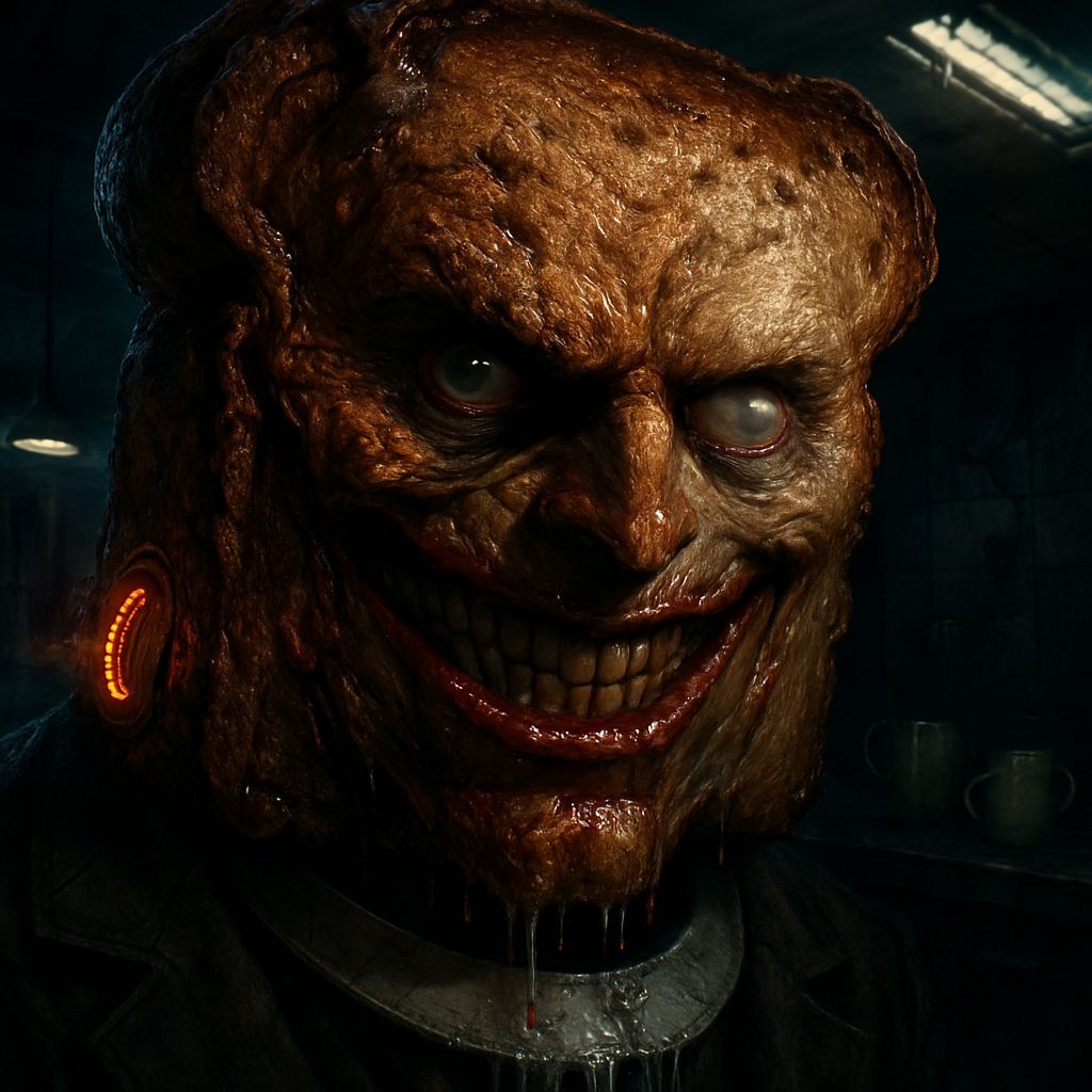 Mr. Soggy Toast, dramatic close-up portrait, face half-shadowed, soaked crust curling like scarred flesh, ...  by @morr5750