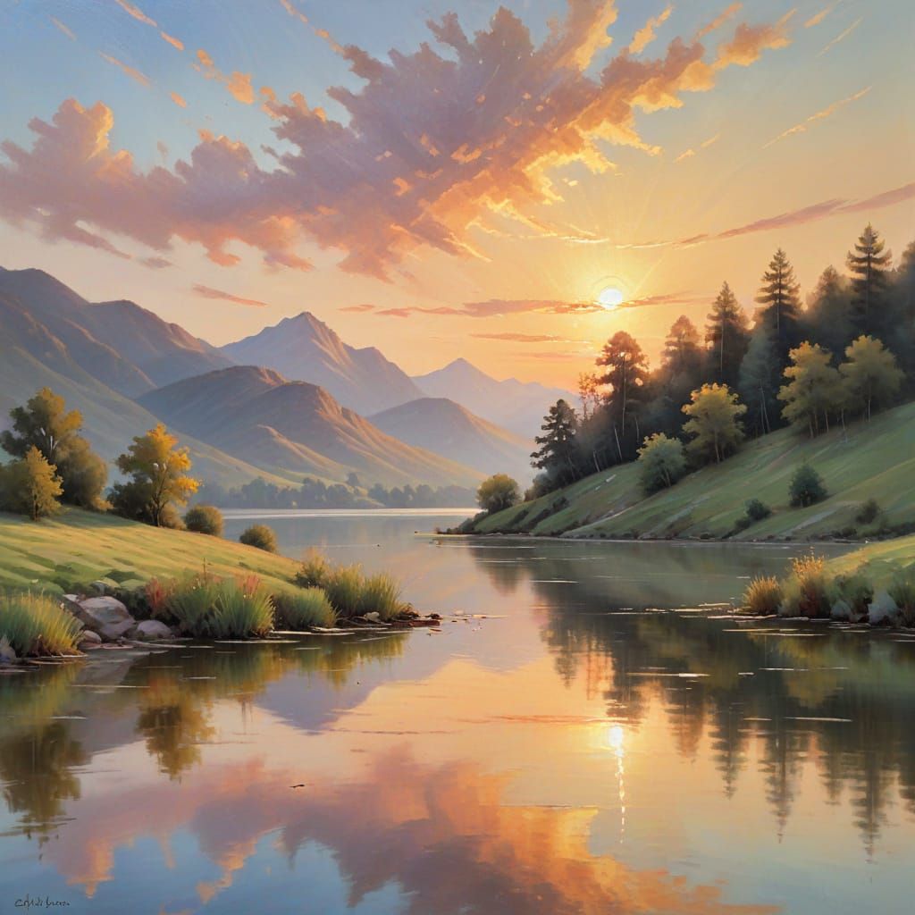 Serene Landscape Oil Painting at Golden Hour